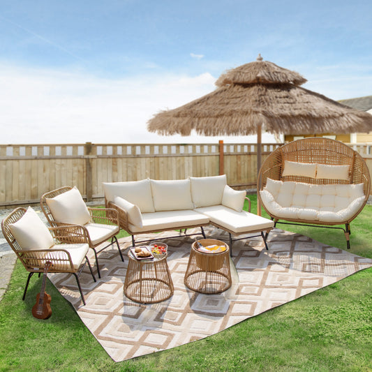 RADIATA Outdoor BOHO Natural Wicker Patio Furniture Set with Beige Cushions