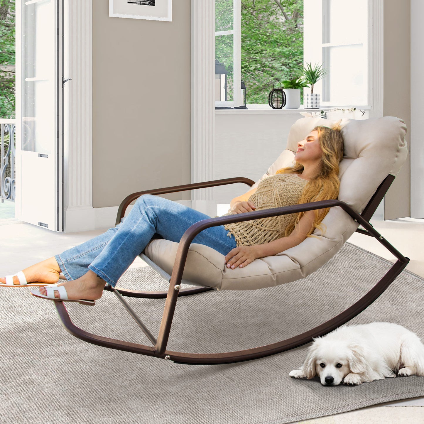 RADIATA Beige Oversized Indoor Outdoor Rocking Papasan Lounge Reclining Chair with Footrest 1 PC
