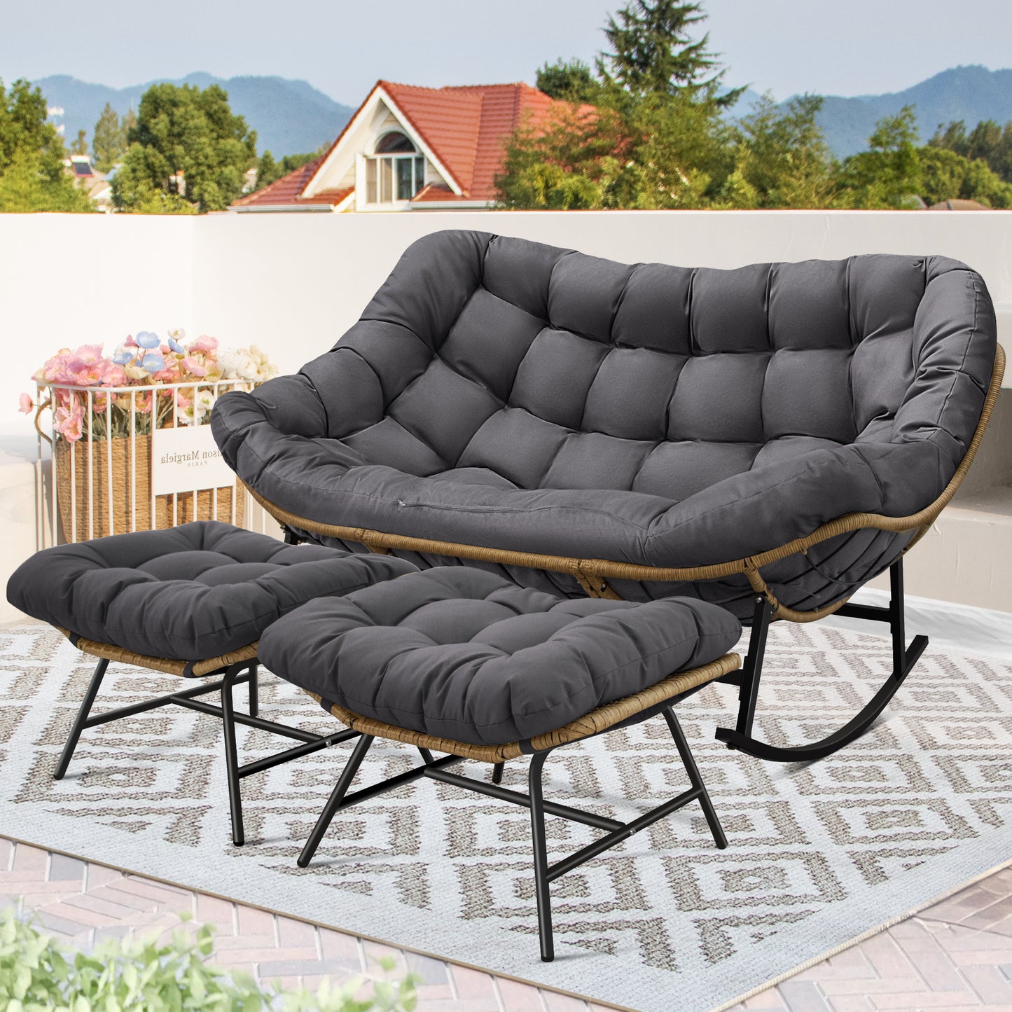 RADIATA Brown Double Outdoor Rocking Chair,2 Person Patio Rocking Egg Chair with Thick Cushion
