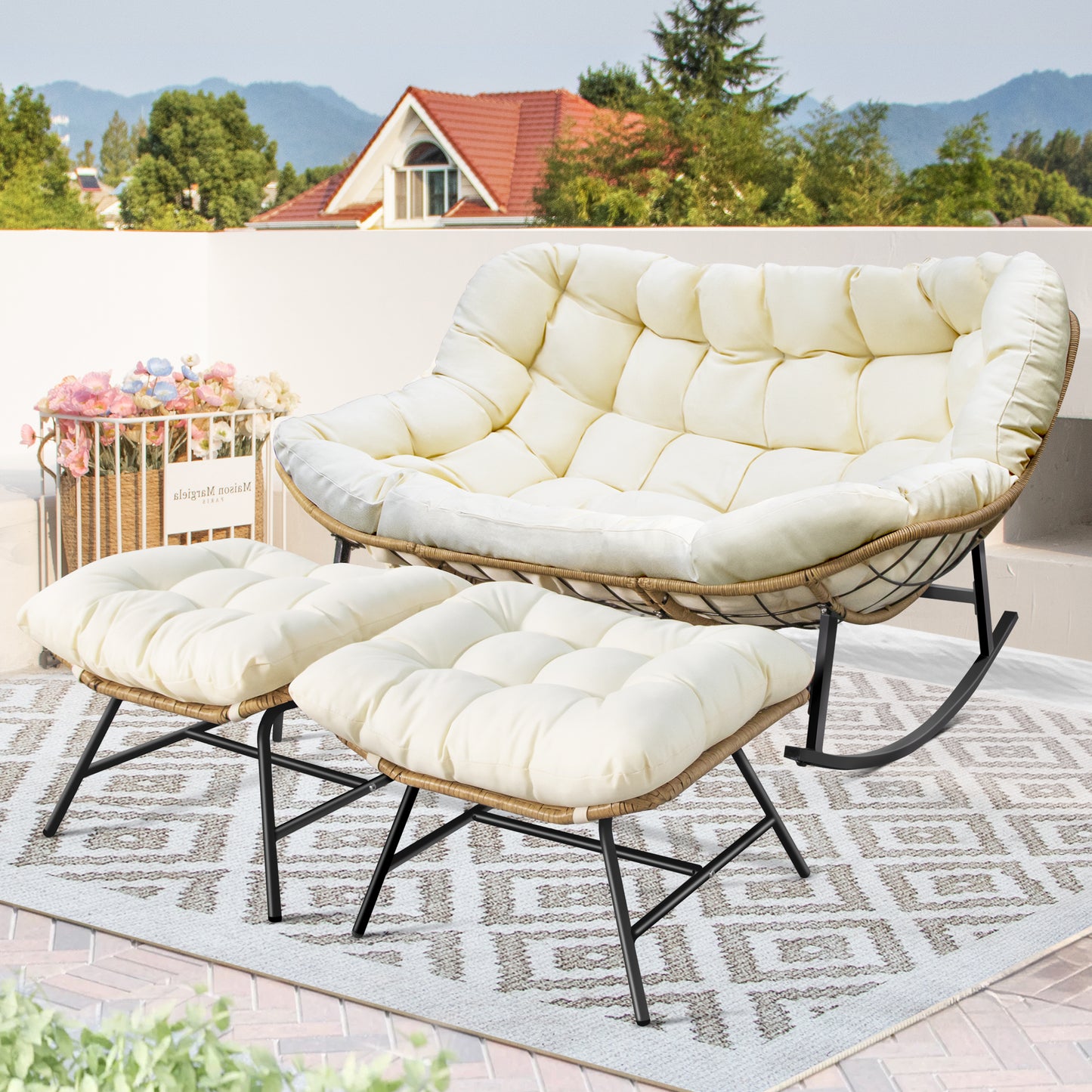 RADIATA Brown Double Outdoor Rocking Chair,2 Person Patio Rocking Egg Chair with Thick Cushion