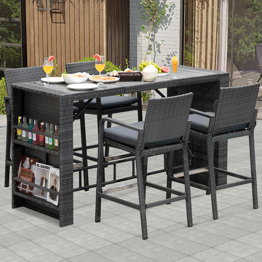 RADIATA 5 Piece High Top Outdoor Bar Table and Chairs Set with Cushions for 4 Seats, Grey Wicker Bar Height Patio Furniture Set with Storage for Backyard Deck Garden and Poolside
