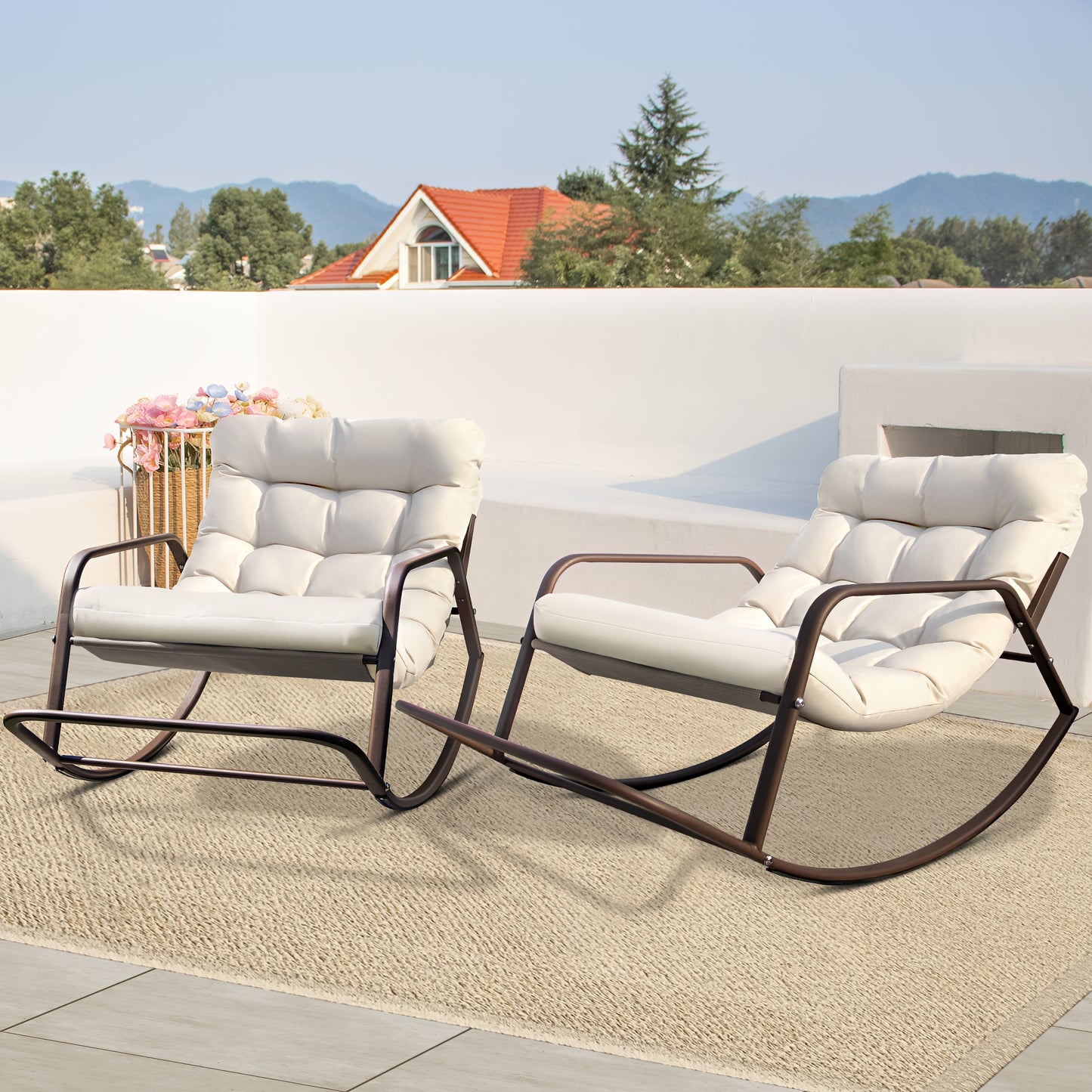 RADIATA Oversized Papasan Rocking Recliner Chair with Footrest, 450lbs Wicker Lounge Chair for Indoor Outdoor Patio, Living Room, Beige