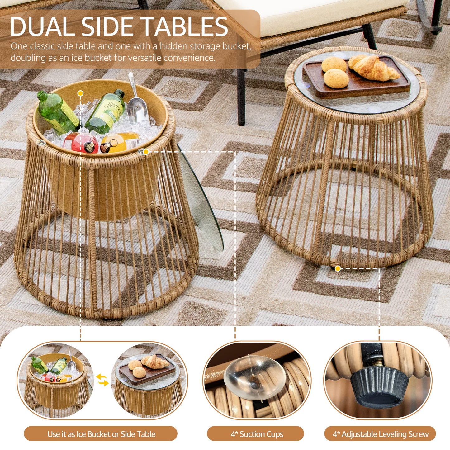 RADIATA Outdoor BOHO Natural Wicker Patio Furniture Set with Beige Cushions