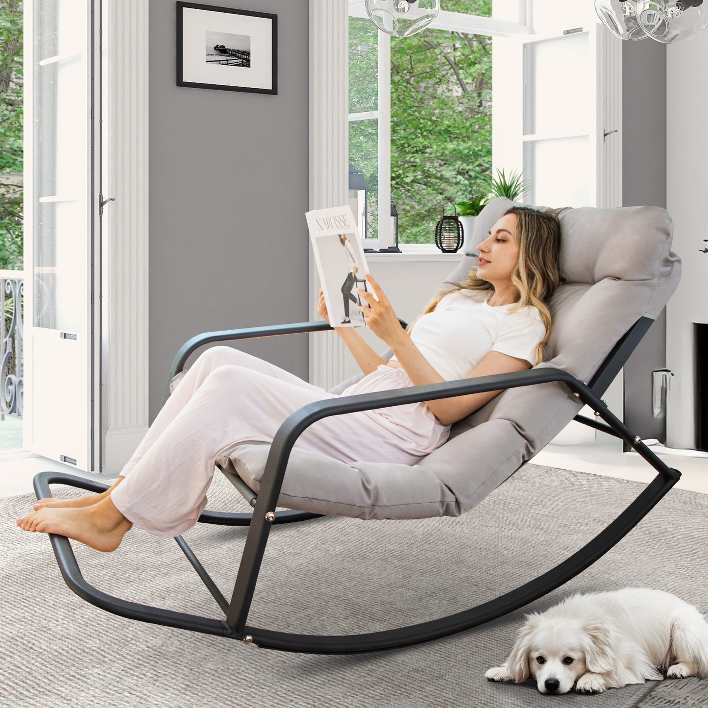 RADIATA Beige Oversized Indoor Outdoor Rocking Papasan Lounge Reclining Chair with Footrest 1 PC