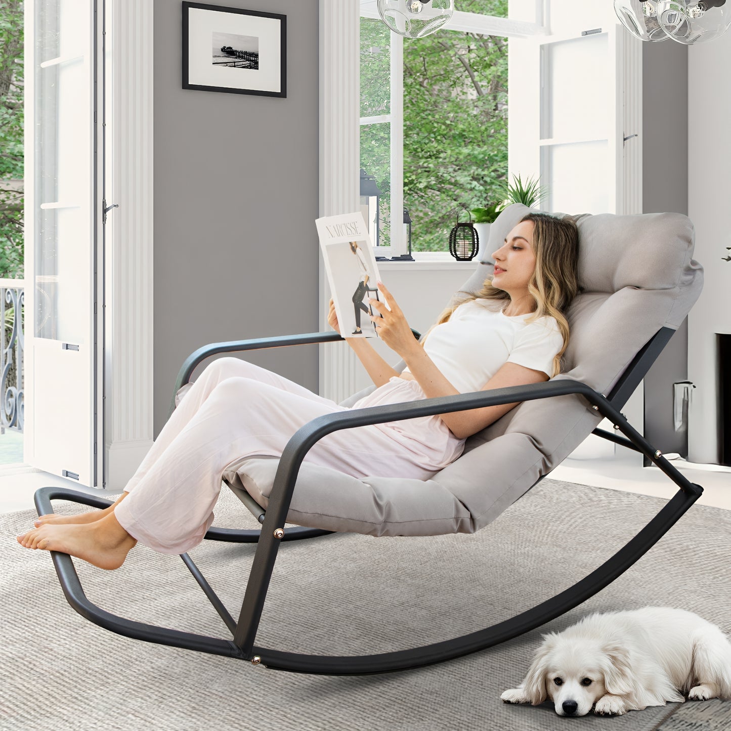 RADIATA Oversized Papasan Rocking Recliner Chair with Footrest, 450lbs Wicker Lounge Chair for Indoor Outdoor Patio, Living Room, Beige