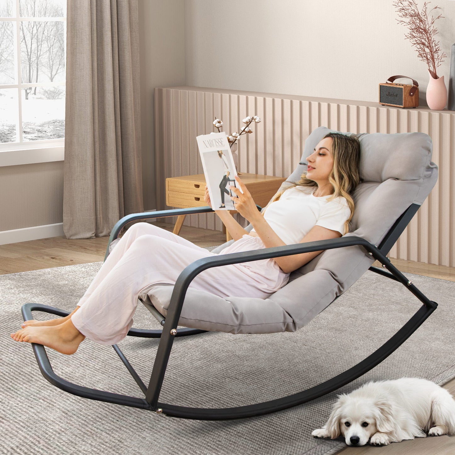 RADIATA Beige Oversized Indoor Outdoor Rocking Papasan Lounge Reclining Chair with Footrest 1 PC