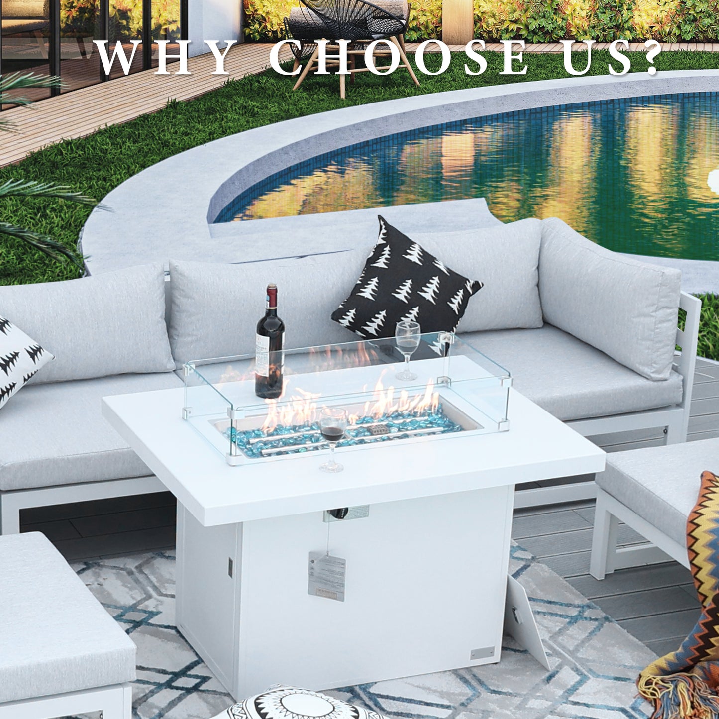 RADIATA Outdoor 43'' Rectangular White Aluminum Propane Fire Pit Table 55,000 BTU Output Safe Certified
