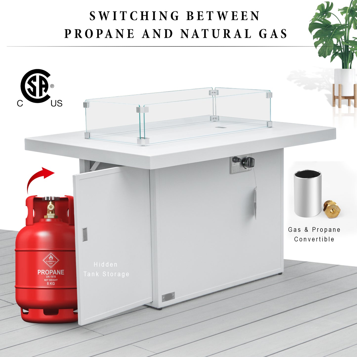 RADIATA Outdoor 43'' Rectangular White Aluminum Propane Fire Pit Table 55,000 BTU Output Safe Certified