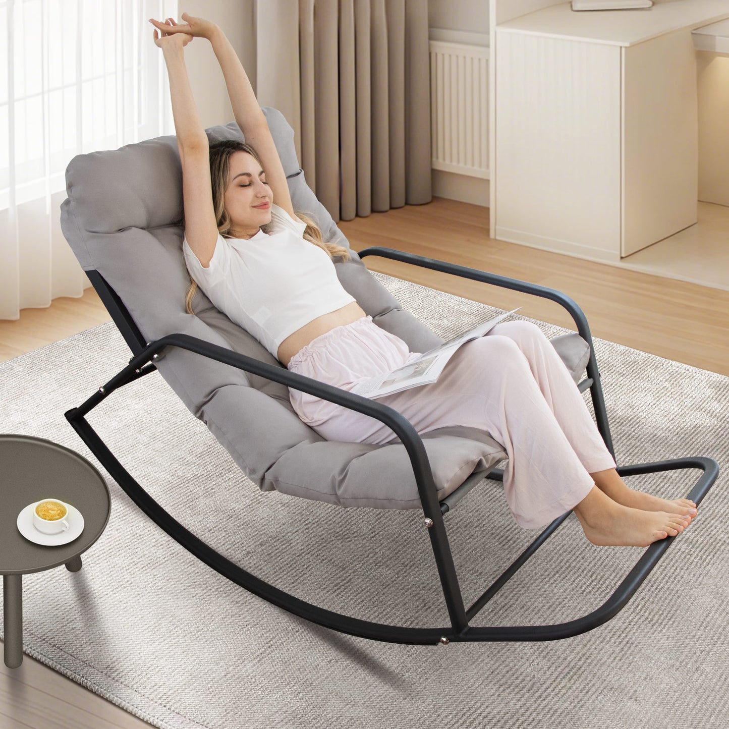 RADIATA Beige Oversized Indoor Outdoor Rocking Papasan Lounge Reclining Chair with Footrest 1 PC