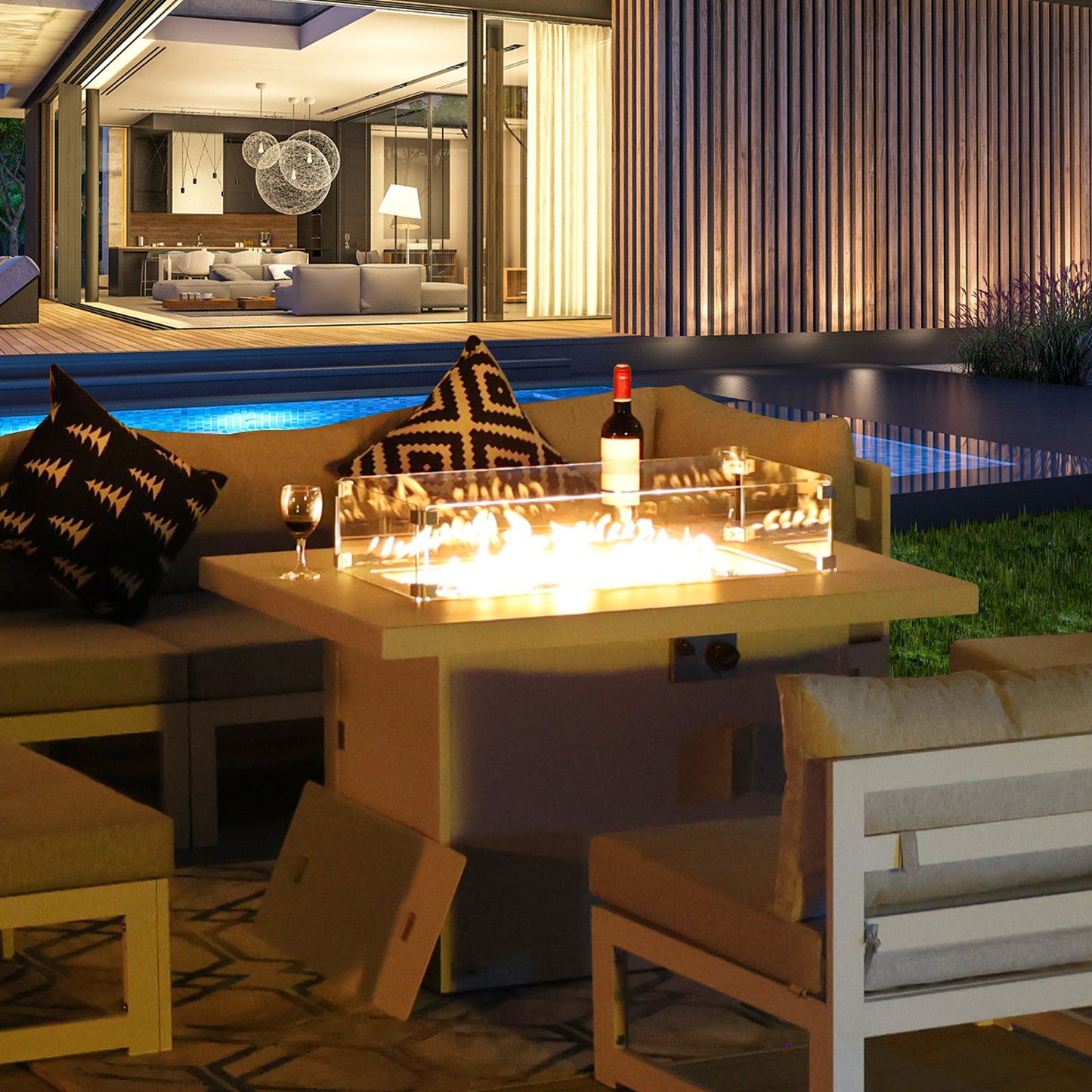 RADIATA Outdoor 43'' Rectangular White Aluminum Propane Fire Pit Table 55,000 BTU Output Safe Certified