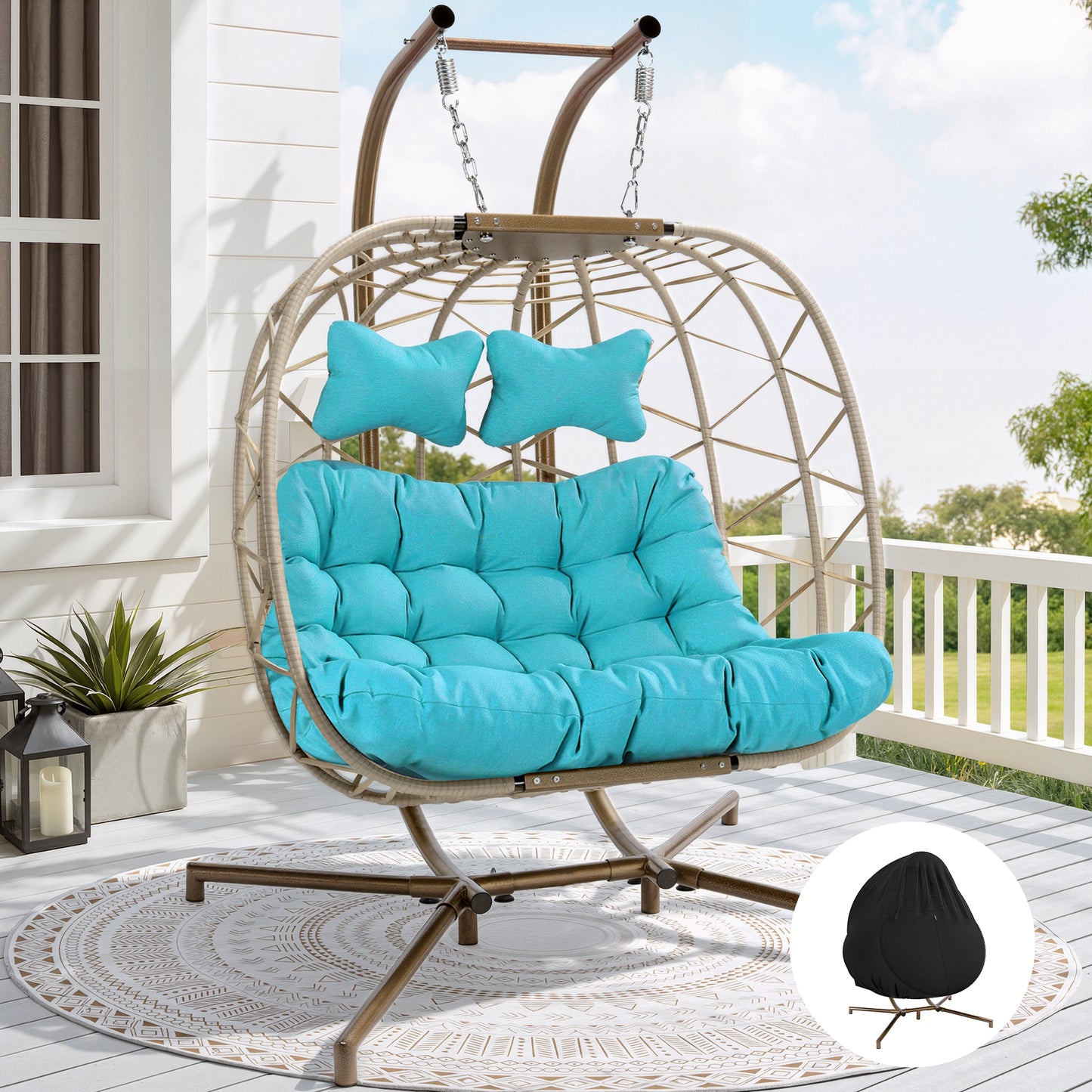 FINCATI® Wicker Double Egg Chair with Cushions for 2 Person Outdoor, Maximum Weight 700 lbs