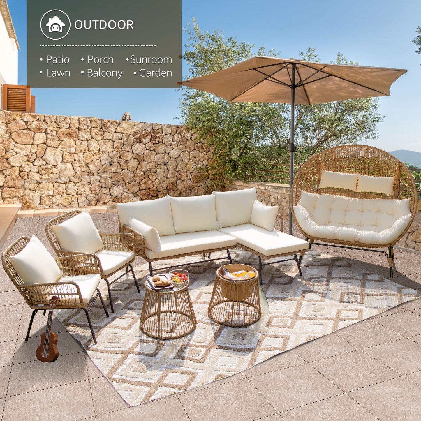 RADIATA Outdoor BOHO Natural Wicker Patio Furniture Set with Beige Cushions