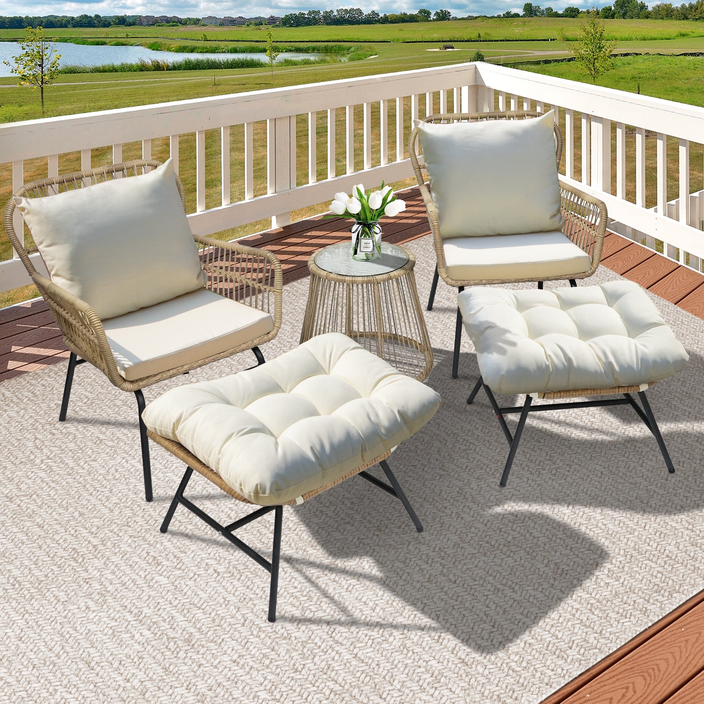 RADIATA Outdoor BOHO Natural Wicker Patio Furniture Set with Beige Cushions