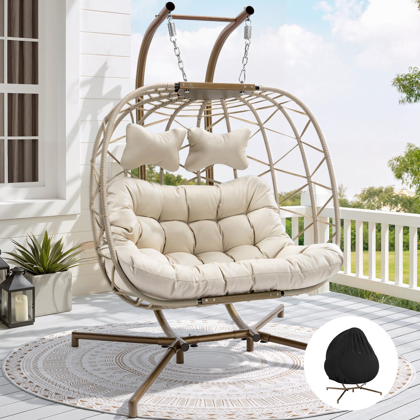 FINCATI® Wicker Double Egg Chair with Cushions for 2 Person Outdoor, Maximum Weight 700 lbs