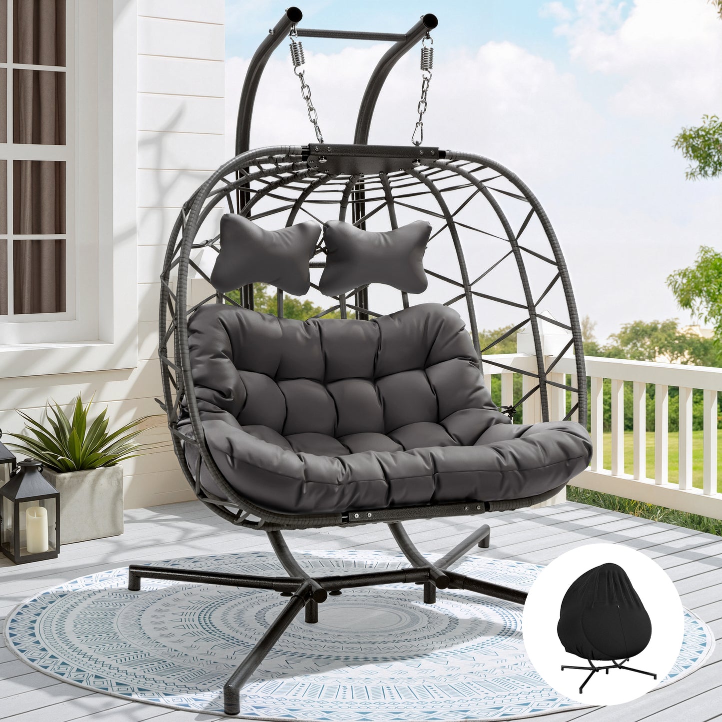 FINCATI® Wicker Double Egg Chair with Cushions for 2 Person Outdoor, Maximum Weight 700 lbs