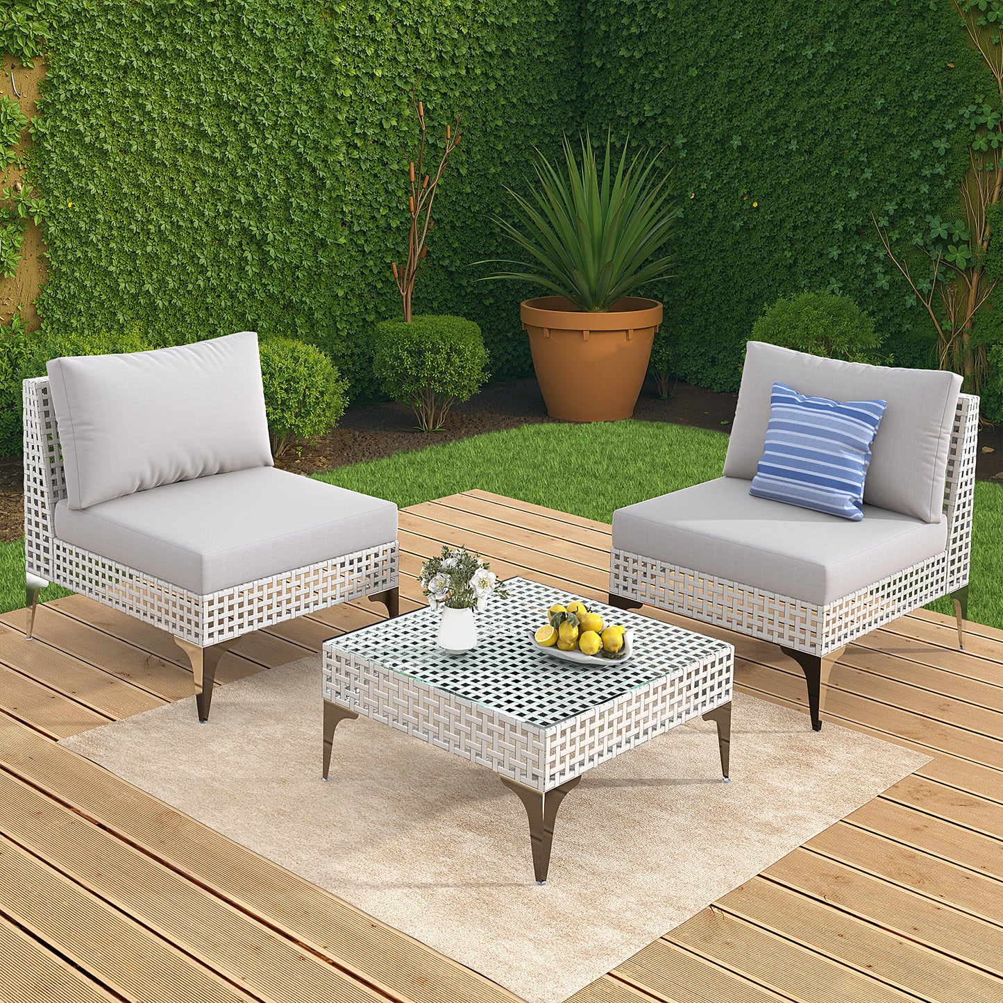 Radiata Modular Patio Furniture Set with Fire Pit Table, Outdoor Sectional High Back Wicker Couch Set, Grey Cushions