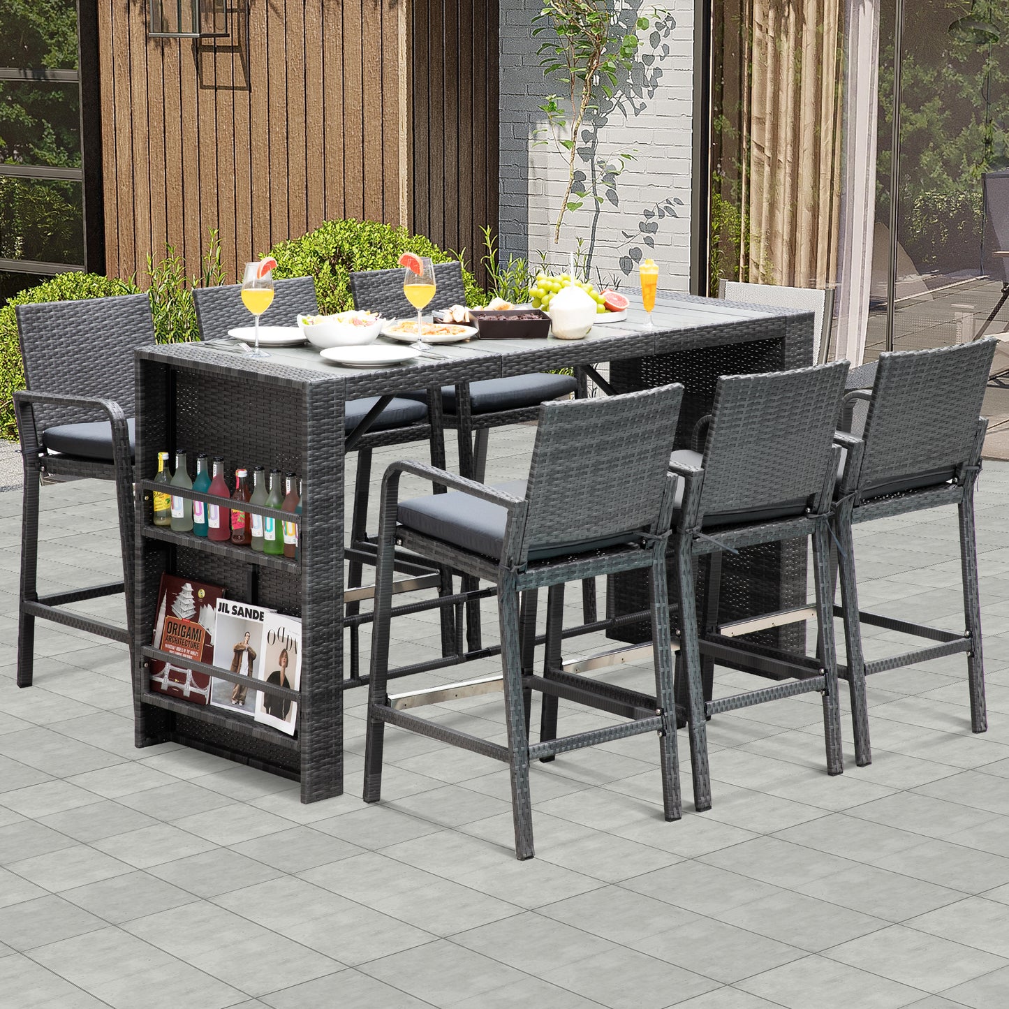RADIATA 5 Piece High Top Outdoor Bar Table and Chairs Set with Cushions for 4 Seats, Grey Wicker Bar Height Patio Furniture Set with Storage for Backyard Deck Garden and Poolside