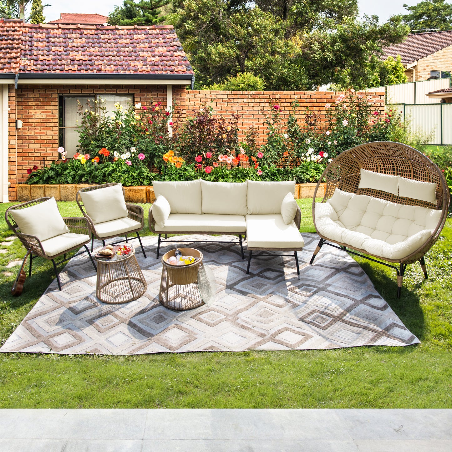 RADIATA Outdoor BOHO Natural Wicker Patio Furniture Set with Beige Cushions