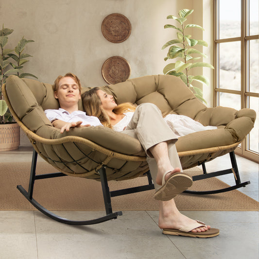RADIATA Brown Double Outdoor Rocking Chair,2 Person Patio Rocking Egg Chair with Thick Cushion