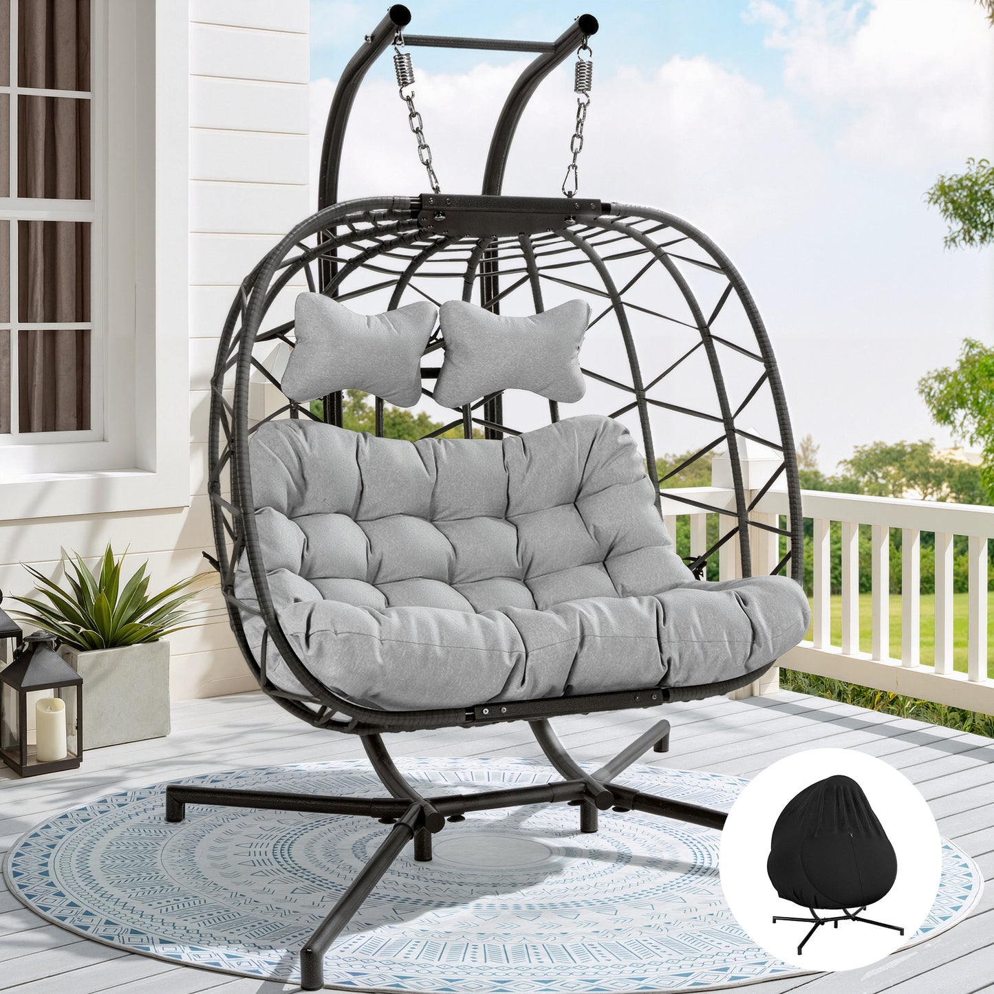 FINCATI® Wicker Double Egg Chair with Cushions for 2 Person Outdoor, Maximum Weight 700 lbs