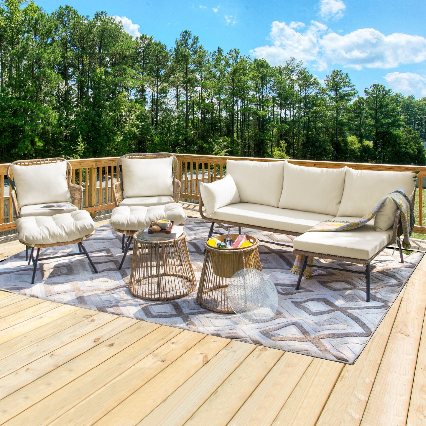 RADIATA Outdoor BOHO Natural Wicker Patio Furniture Set with Beige Cushions