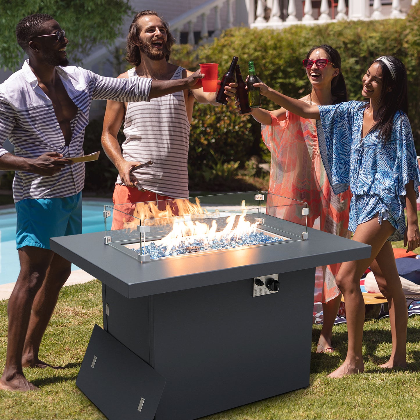 RADIATA Outdoor 43'' Rectangular Grey Aluminum Propane Fire Pit Table 55,000 BTU Output Safe Certified