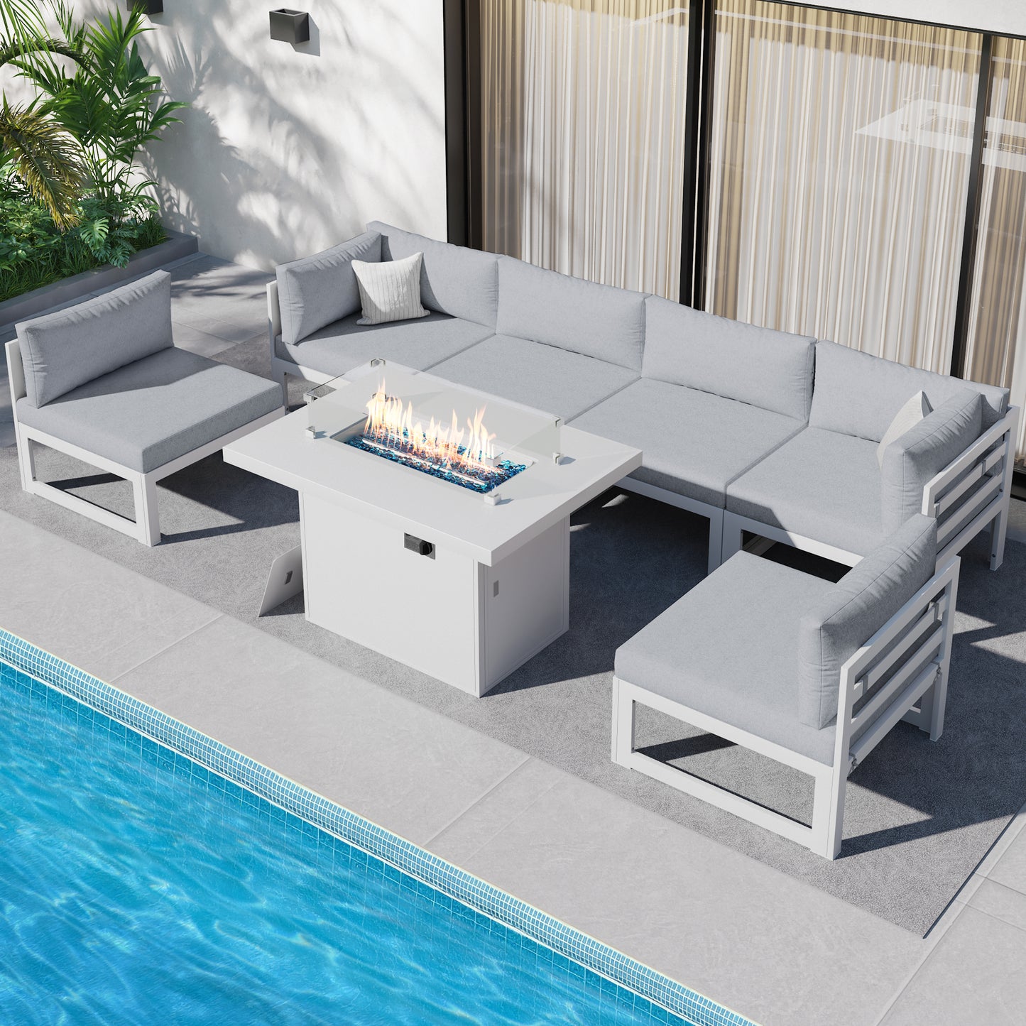RADIATA 7 Pieces Aluminum Outdoor Patio Sectional Furniture Sofa Set with Fire Pit Table Large Size Luxury Comfortable Durable Water/UV-Resistant Garden Porch Backyard Party