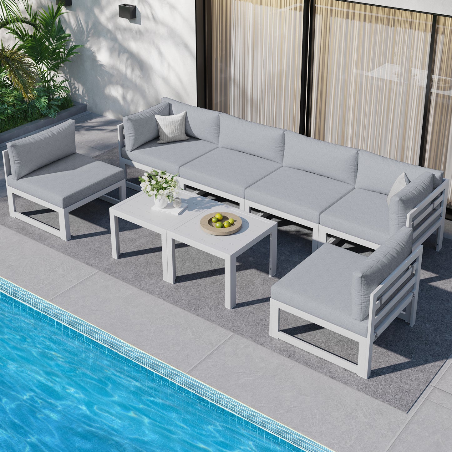 RADIATA 7 Pieces Aluminum Outdoor Patio Sectional Furniture Sofa Set with Fire Pit Table Large Size Luxury Comfortable Durable Water/UV-Resistant Garden Porch Backyard Party