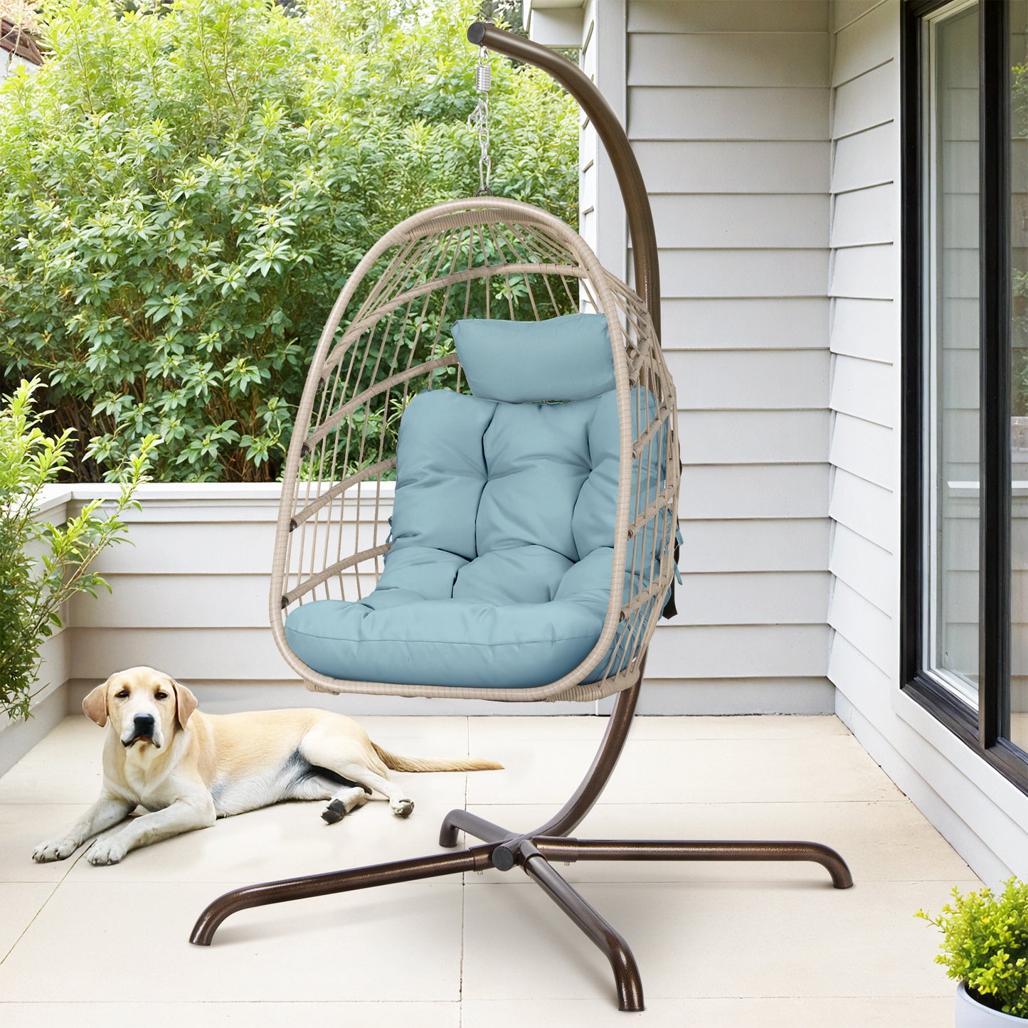 RADIATA Outdoor Foldable Hanging Egg Chair with Stand, PE Wicker Swing Chair with Cushion and Headrest, 350 lbs Capacity