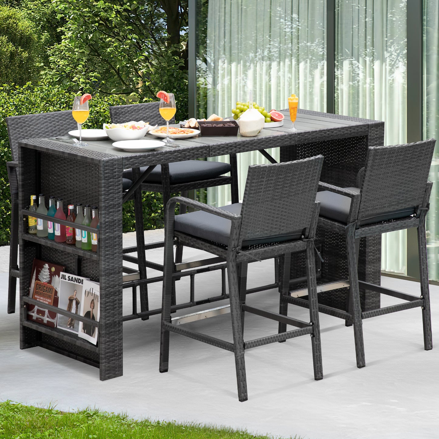 RADIATA 5 Piece High Top Outdoor Bar Table and Chairs Set with Cushions for 4 Seats, Grey Wicker Bar Height Patio Furniture Set with Storage for Backyard Deck Garden and Poolside
