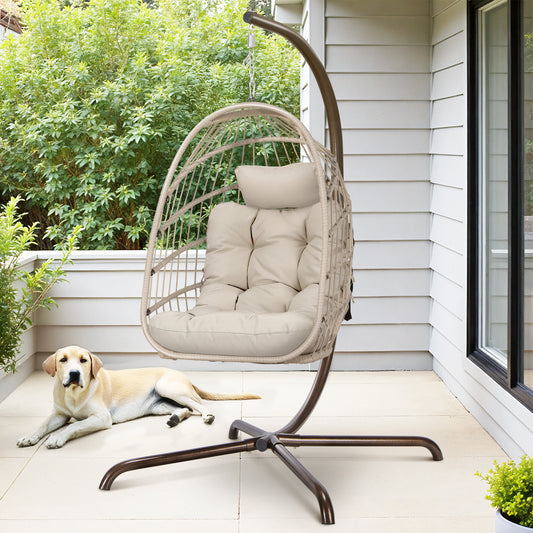 RADIATA Outdoor Foldable Hanging Egg Chair with Stand, PE Wicker Swing Chair with Cushion and Headrest, 350 lbs Capacity