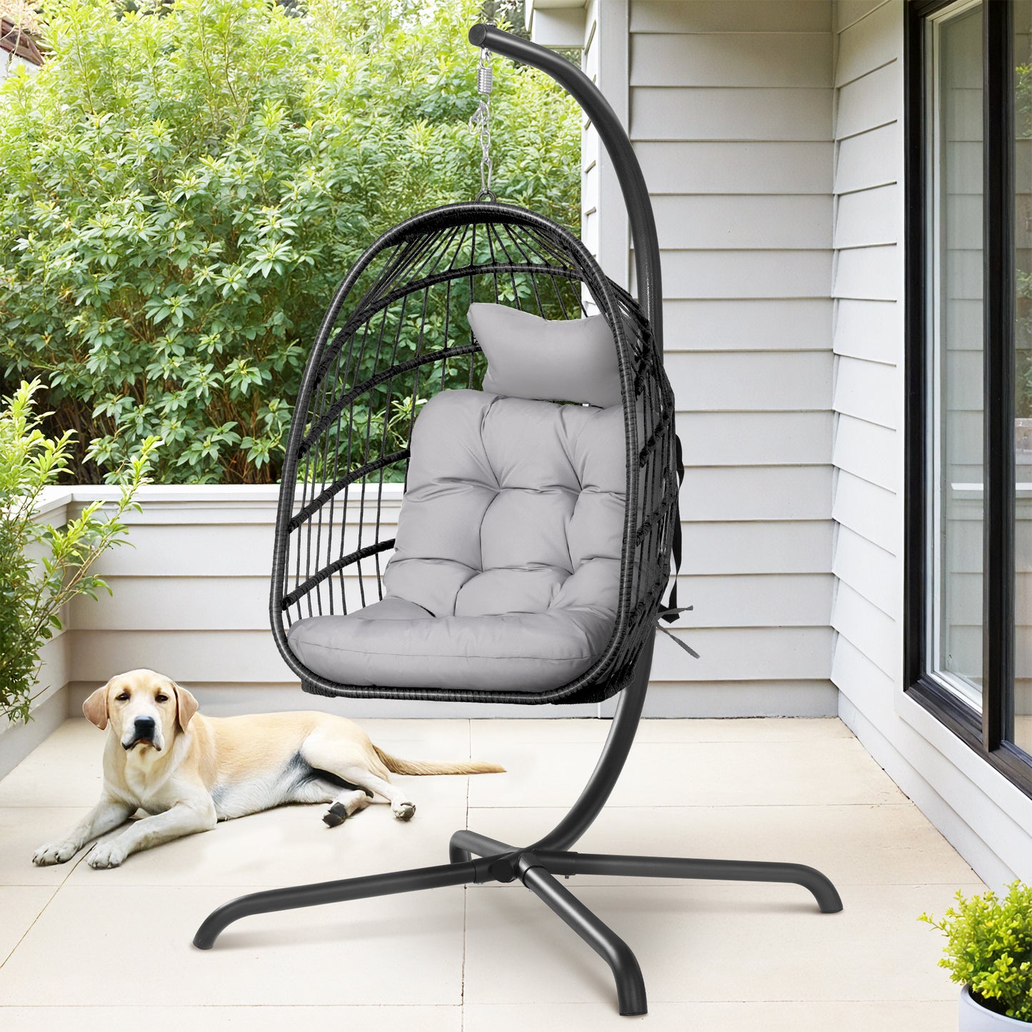 RADIATA Outdoor Foldable Hanging Egg Chair with Stand, PE Wicker Swing Chair with Cushion and Headrest, 350 lbs Capacity