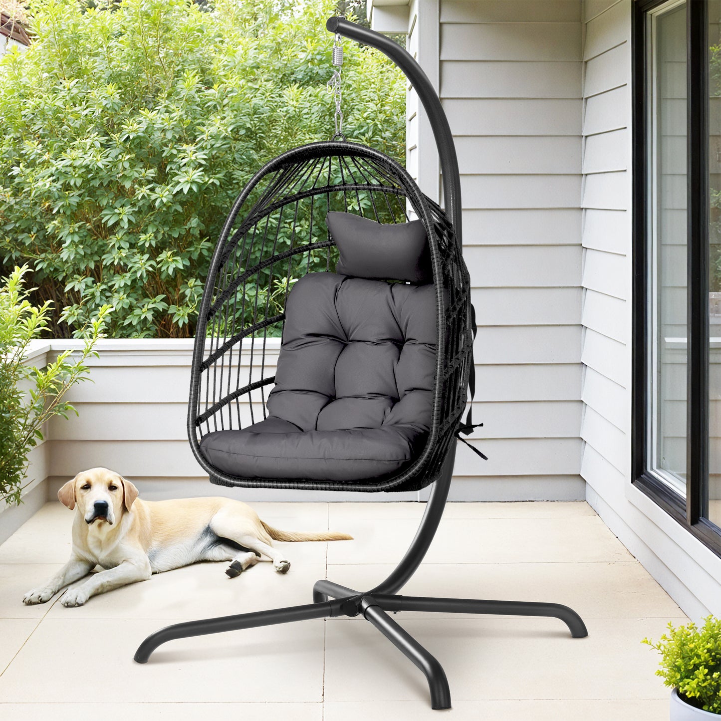 RADIATA Outdoor Foldable Hanging Egg Chair with Stand, PE Wicker Swing Chair with Cushion and Headrest, 350 lbs Capacity