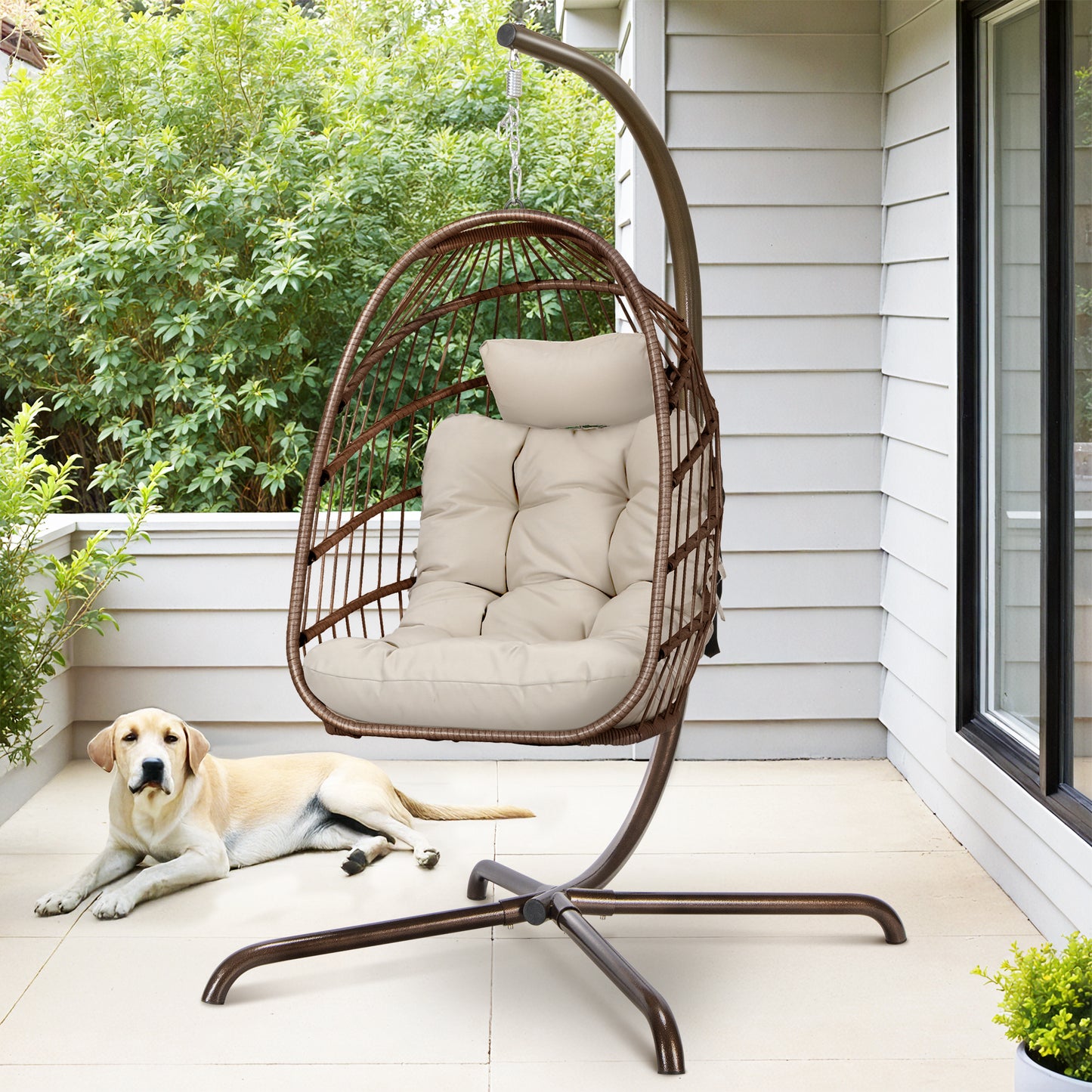 RADIATA Outdoor Foldable Hanging Egg Chair with Stand, PE Wicker Swing Chair with Cushion and Headrest, 350 lbs Capacity