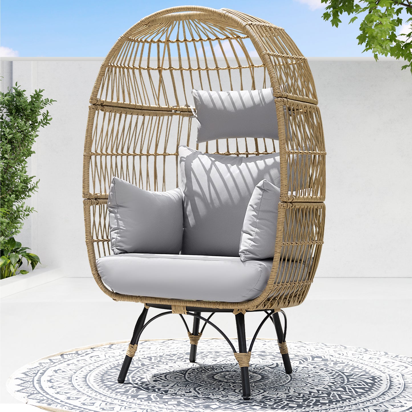 FINCATI Oversized Boho Stationary Wicker Natural Yellow Egg Chair for Garden, Backyard, Living Room, Durable 440lbs Capacity
