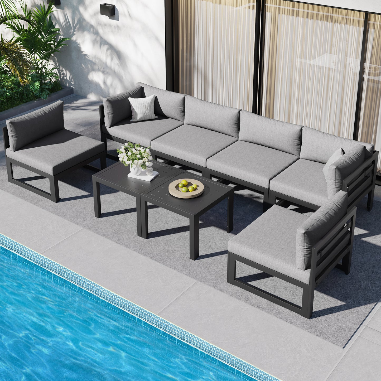 RADIATA 7 Pieces Aluminum Outdoor Patio Sectional Furniture Sofa Set with Fire Pit Table Large Size Luxury Comfortable Durable Water/UV-Resistant Garden Porch Backyard Party