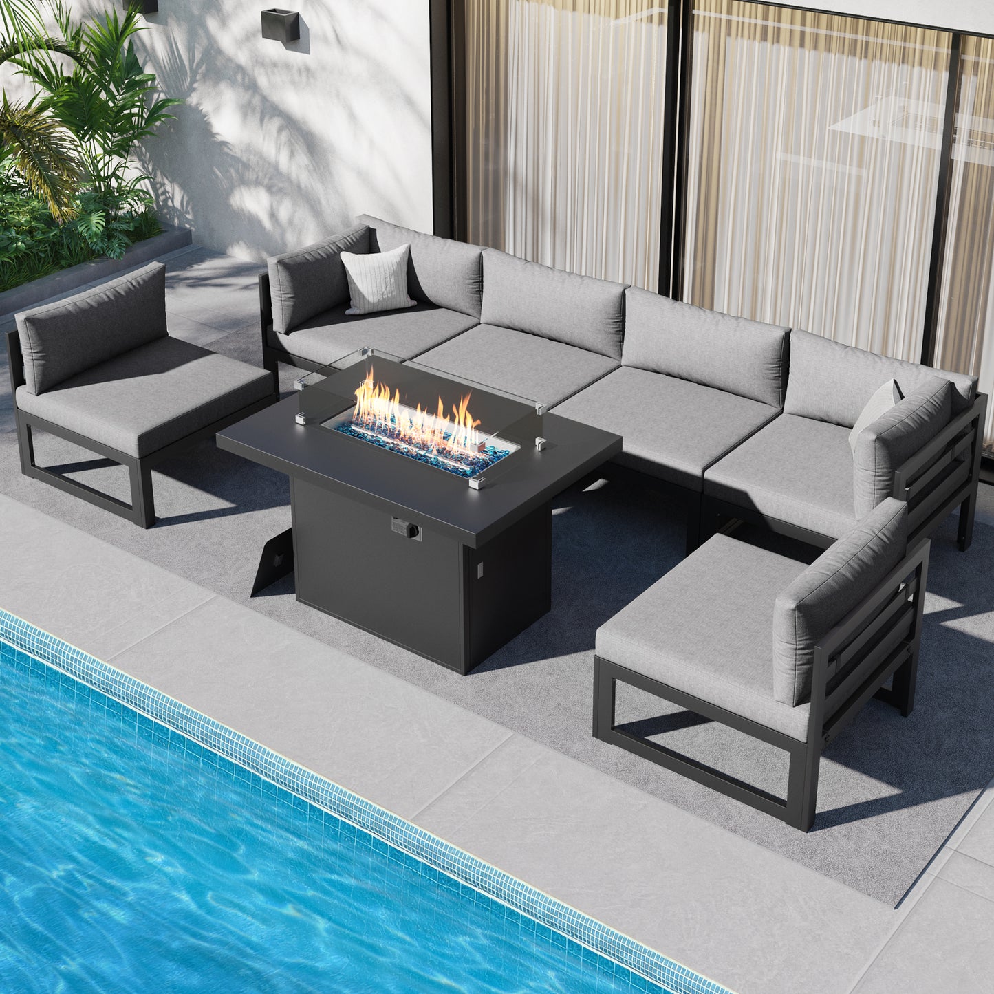 RADIATA 7 Pieces Aluminum Outdoor Patio Sectional Furniture Sofa Set with Fire Pit Table Large Size Luxury Comfortable Durable Water/UV-Resistant Garden Porch Backyard Party