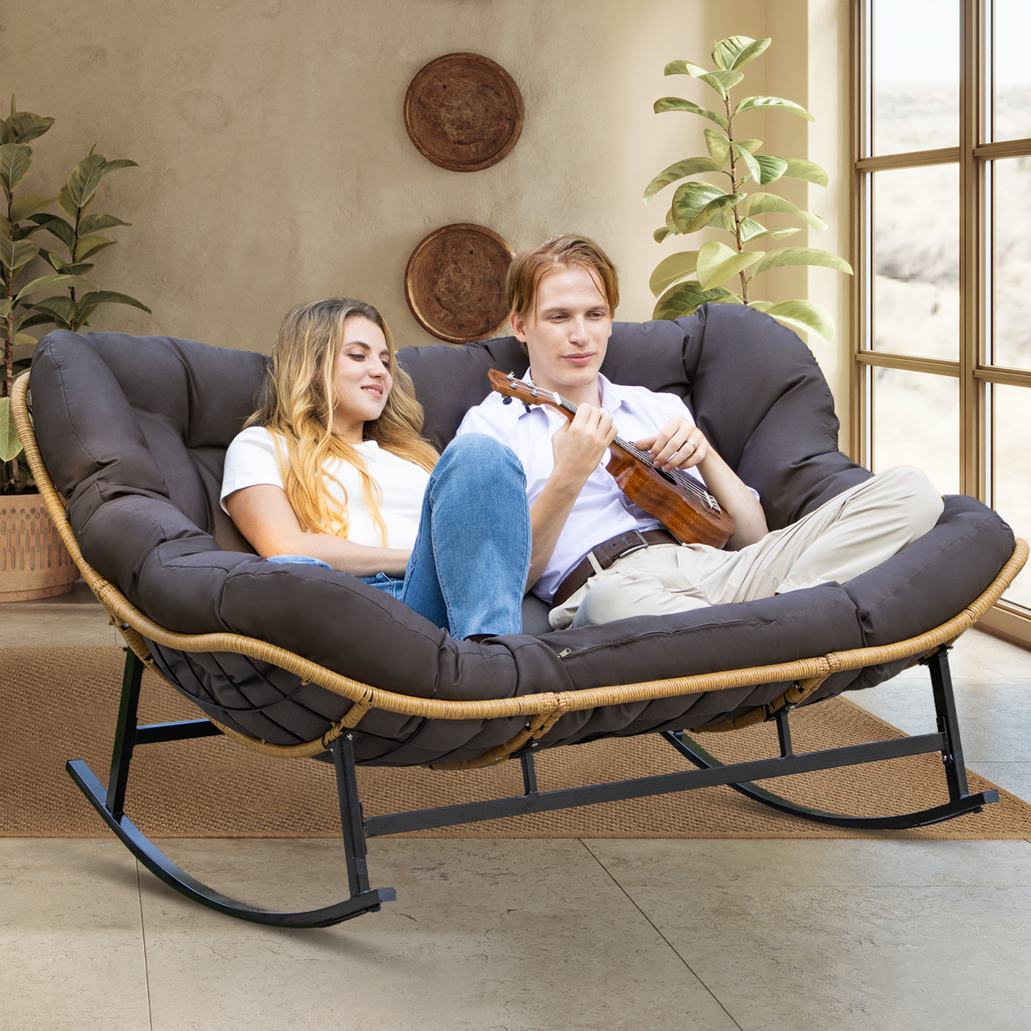 RADIATA Brown Double Outdoor Rocking Chair,2 Person Patio Rocking Egg Chair with Thick Cushion