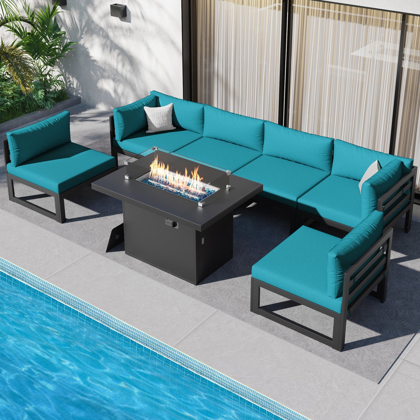 RADIATA 7 Pieces Aluminum Outdoor Patio Sectional Furniture Sofa Set with Fire Pit Table Large Size Luxury Comfortable Durable Water/UV-Resistant Garden Porch Backyard Party