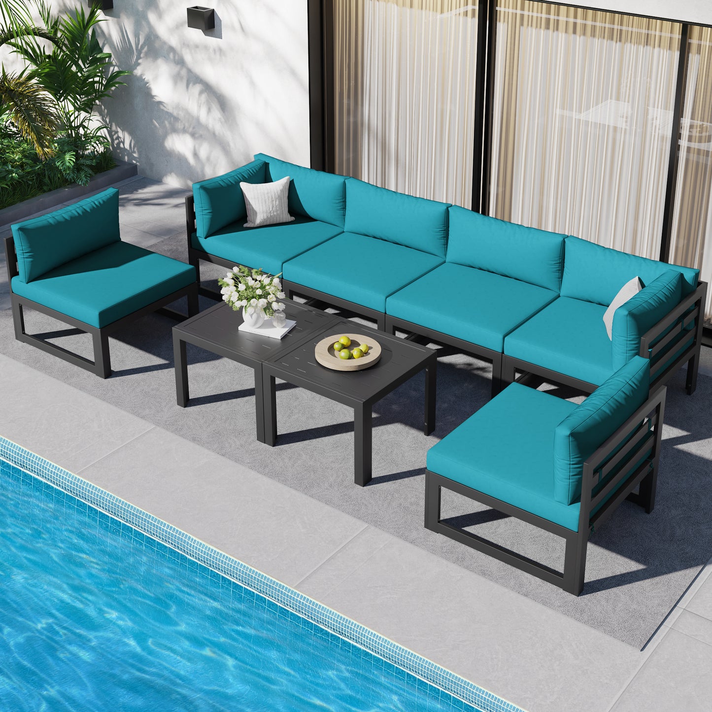 RADIATA 7 Pieces Aluminum Outdoor Patio Sectional Furniture Sofa Set with Fire Pit Table Large Size Luxury Comfortable Durable Water/UV-Resistant Garden Porch Backyard Party