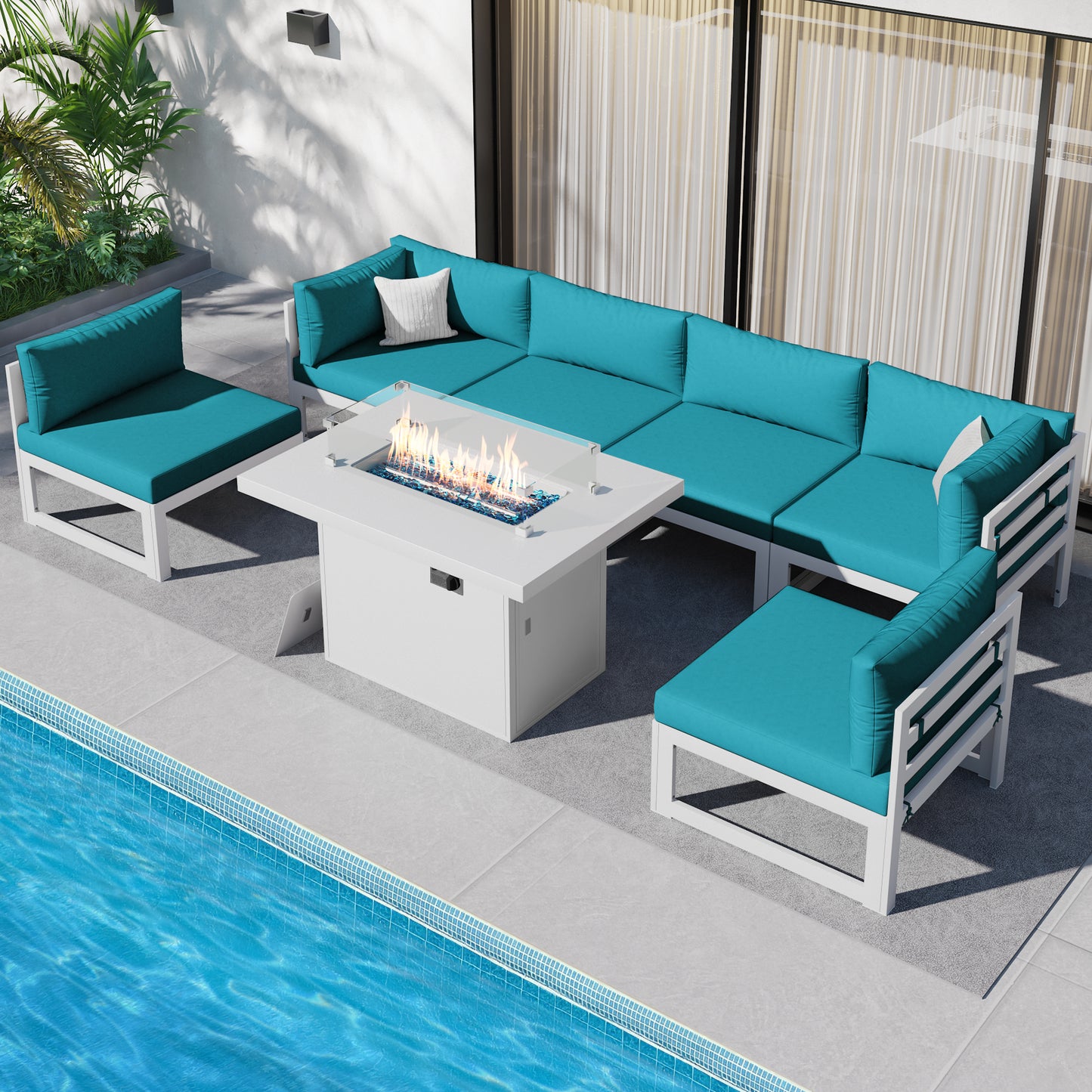 RADIATA 7 Pieces Aluminum Outdoor Patio Sectional Furniture Sofa Set with Fire Pit Table Large Size Luxury Comfortable Durable Water/UV-Resistant Garden Porch Backyard Party