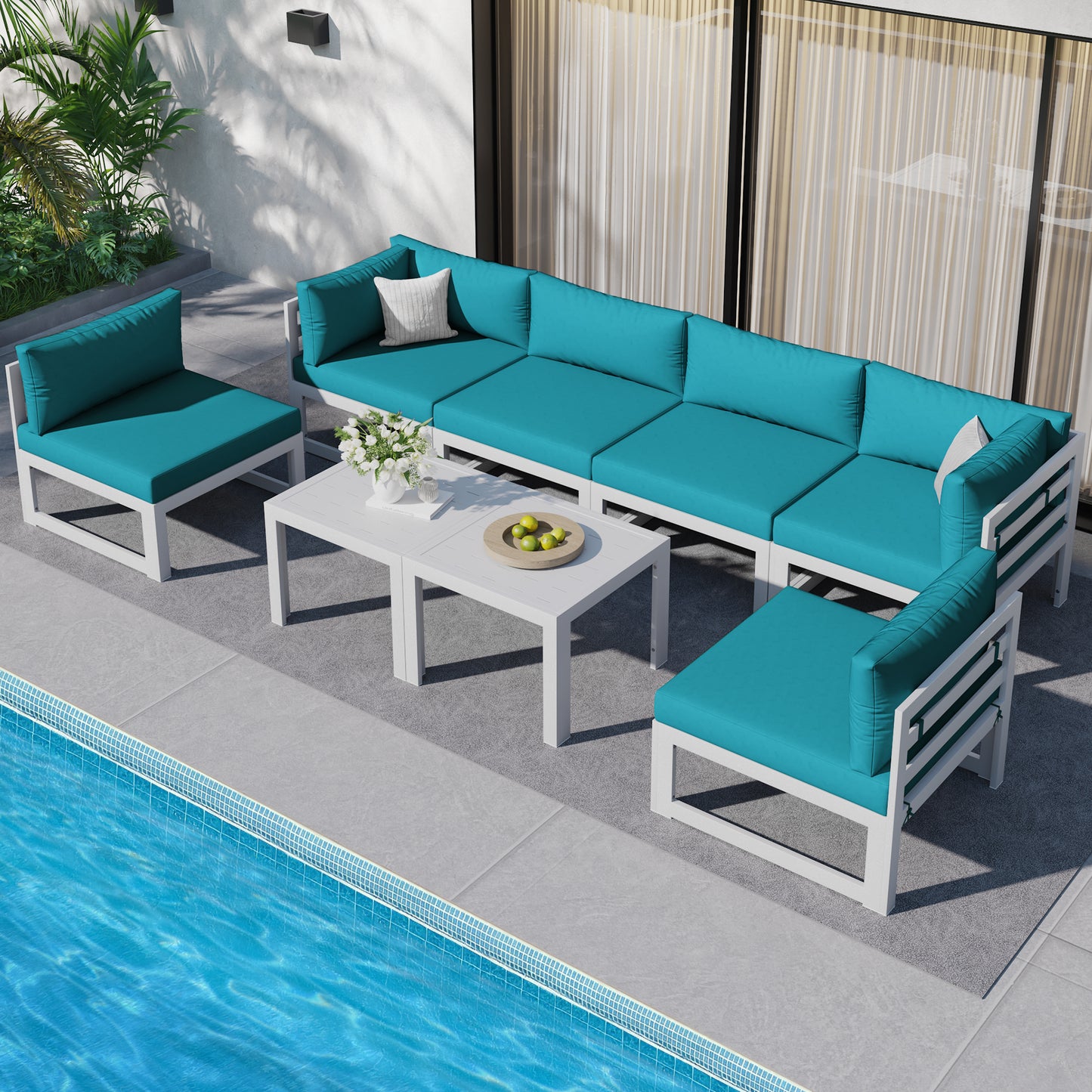 RADIATA 7 Pieces Aluminum Outdoor Patio Sectional Furniture Sofa Set with Fire Pit Table Large Size Luxury Comfortable Durable Water/UV-Resistant Garden Porch Backyard Party