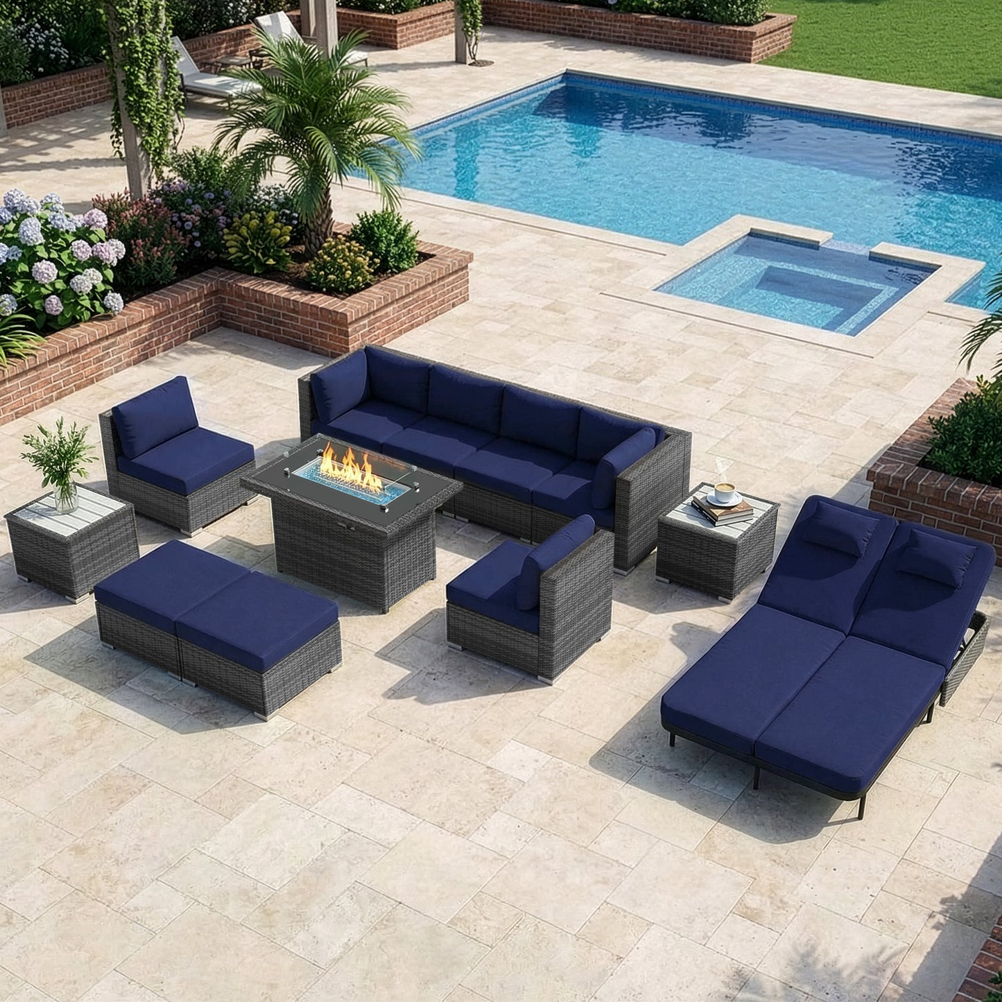 RADIATA 10-Piece Patio Furniture Set with Fire Pit Table, Outdoor Sectional with 43" 60000 BTU Firepit Table, Double Chaise Lounge, High Back Wicker Outdoor Sectional with Fire Pit Set,Dark Gray