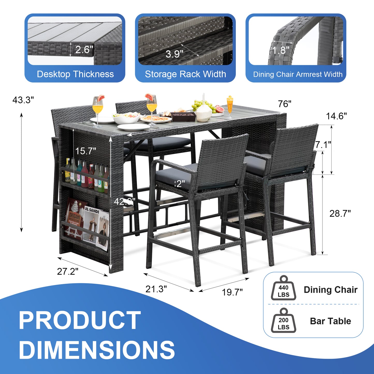 RADIATA 5 Piece High Top Outdoor Bar Table and Chairs Set with Cushions for 4 Seats, Grey Wicker Bar Height Patio Furniture Set with Storage for Backyard Deck Garden and Poolside