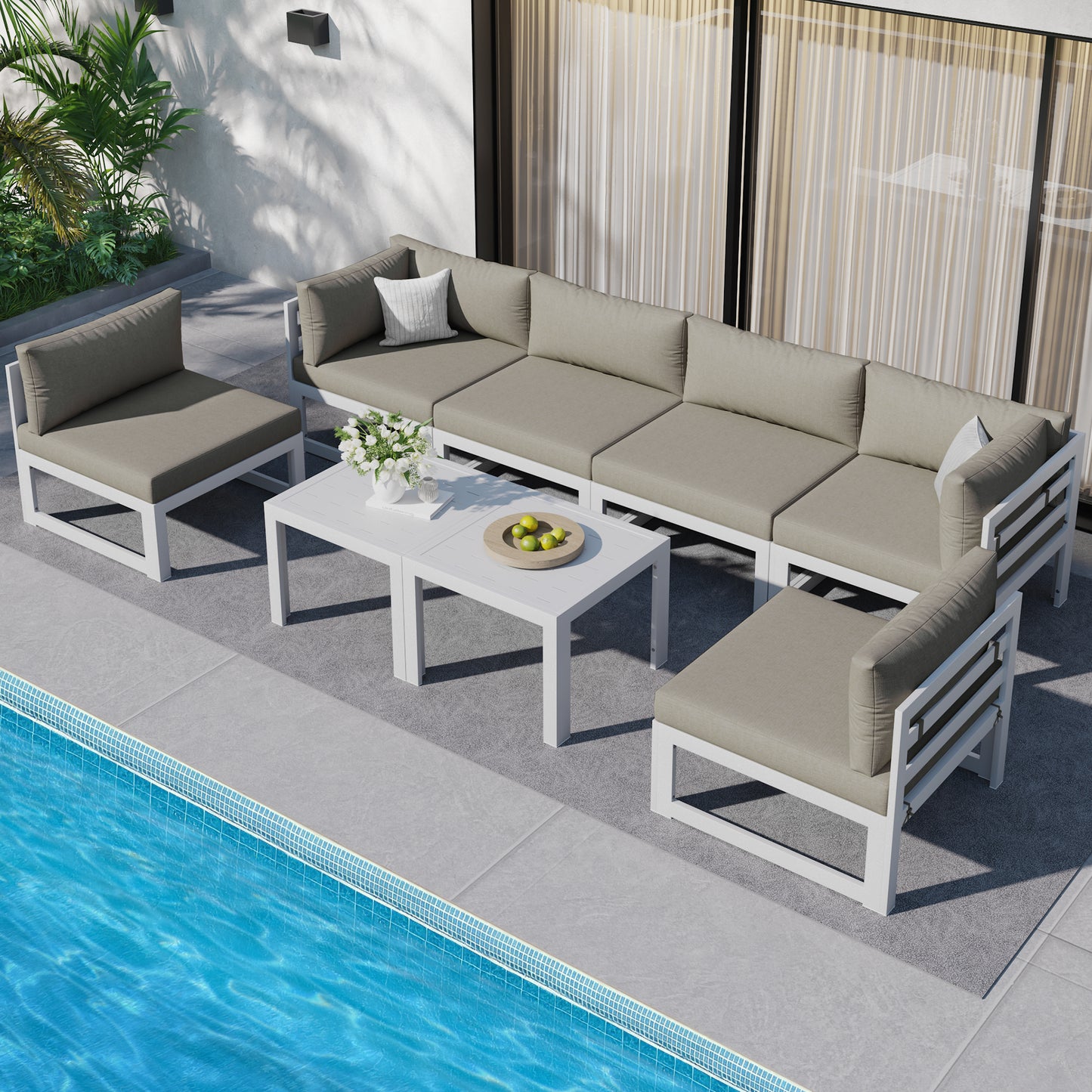 RADIATA 7 Pieces Aluminum Outdoor Patio Sectional Furniture Sofa Set with Fire Pit Table Large Size Luxury Comfortable Durable Water/UV-Resistant Garden Porch Backyard Party