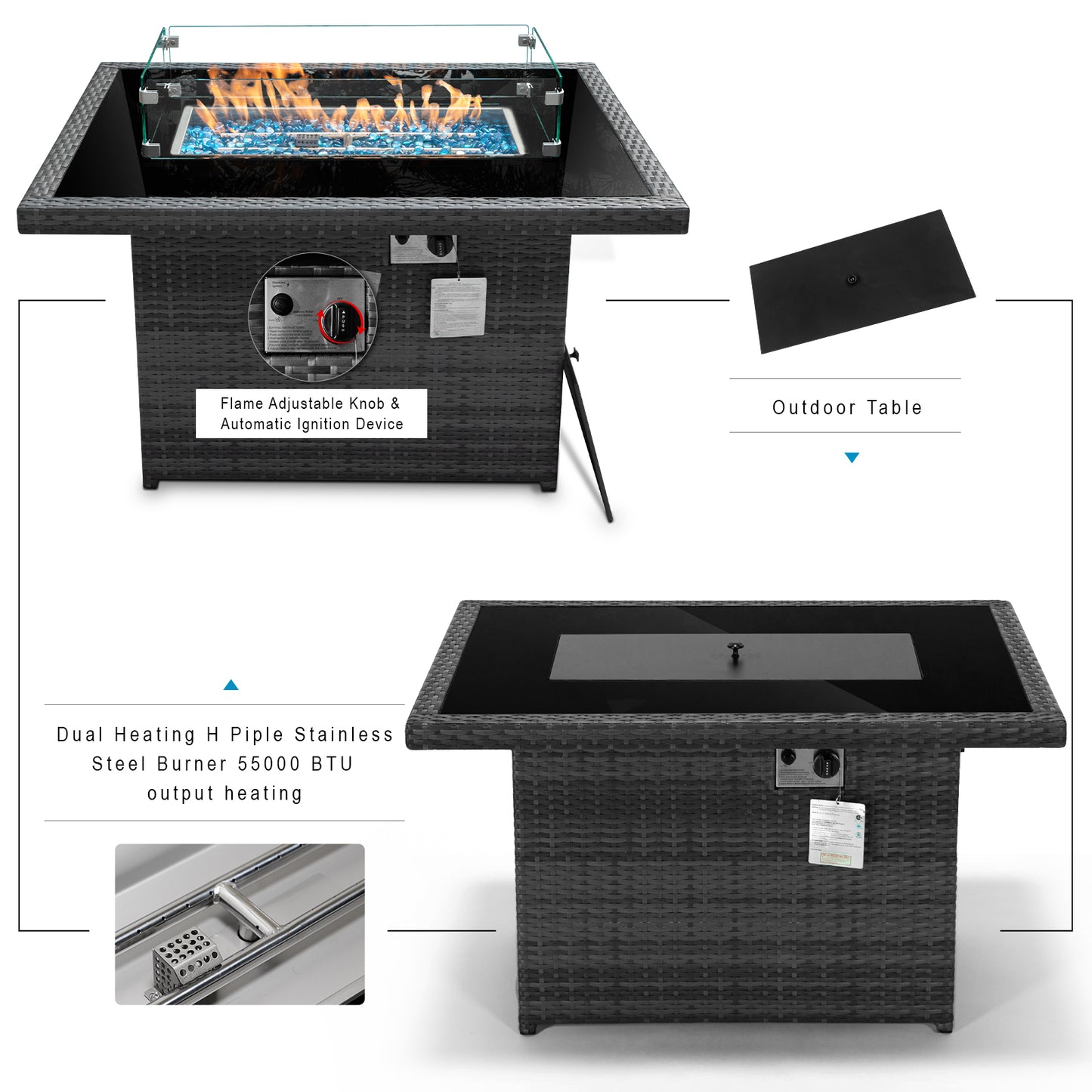 RADIATA Outdoor 43'' Rectangular Gray Wicker Propane Fire Pit Table 55,000 BTU Output Safe Certified