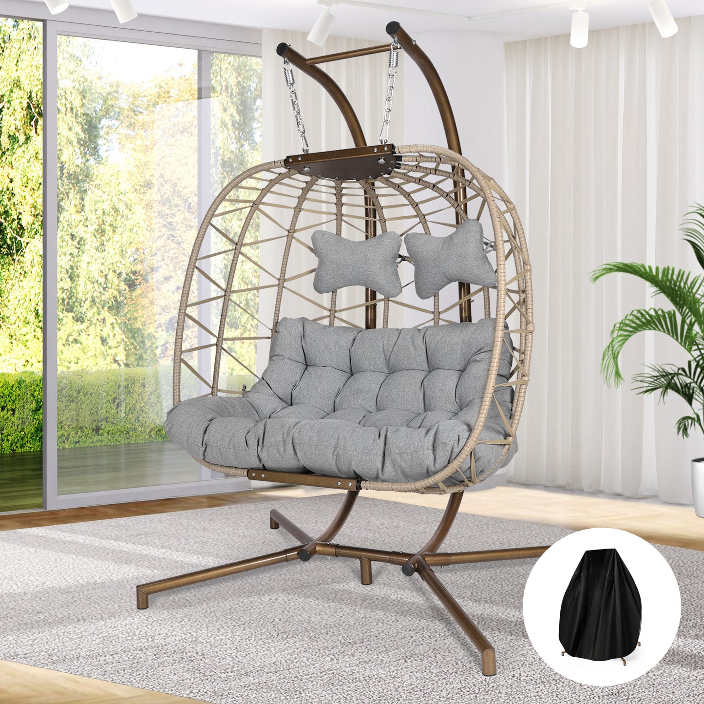 Double Wicker Swing Egg Chair 2 Person Hanging Egg Chair with Stand, Porch Swing Loveseat 700LBS Capacity for Indoor Outdoor