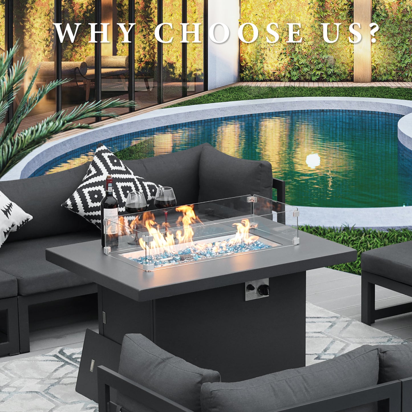 RADIATA Outdoor 43'' Rectangular Grey Aluminum Propane Fire Pit Table 55,000 BTU Output Safe Certified