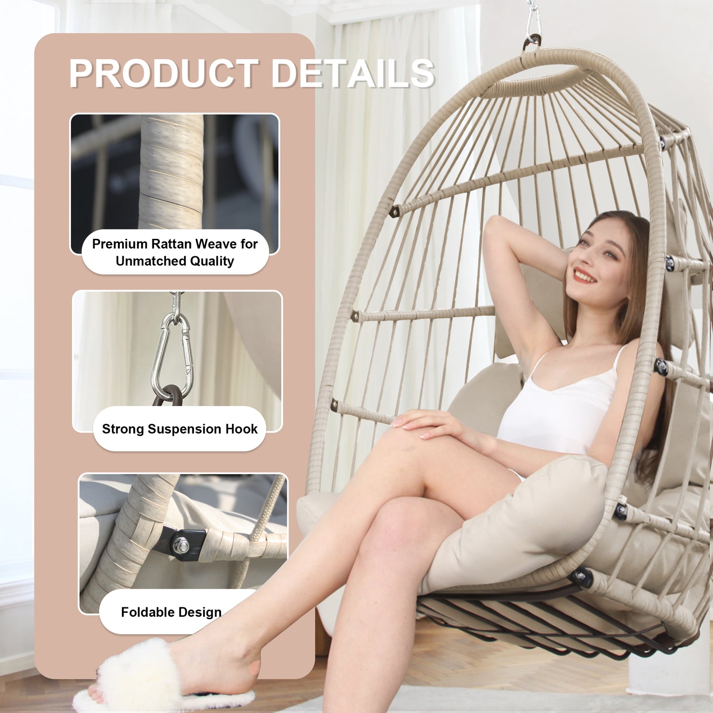 RADIATA Wicker Swing Egg Chair Without Stand Indoor Outdoor Folding Hanging Egg Chair 350 lbs