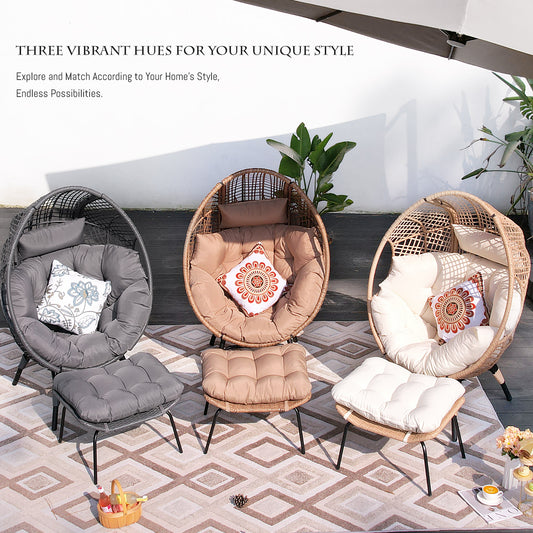 RADIATA  2 PCS Beige Oversized Wicker Egg Chair with Legs and Ottoman Outdoor Indoor Large Egg Basket Lounge Chair with Footstool for Bedroom Patio Balcony Front Porch Garden